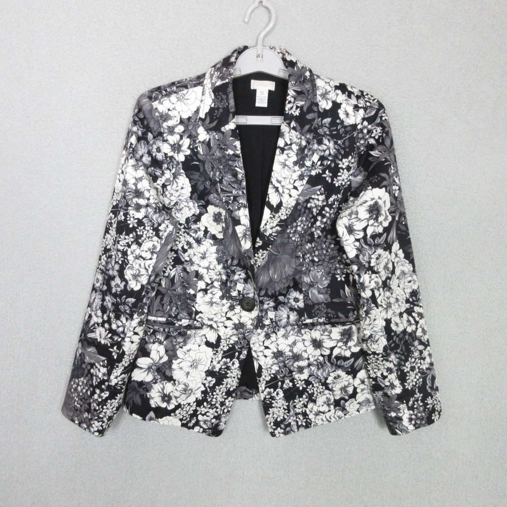 Chico's Blazer Women Sz 0 (US S) Black White Floral Single Button Cotton Blend